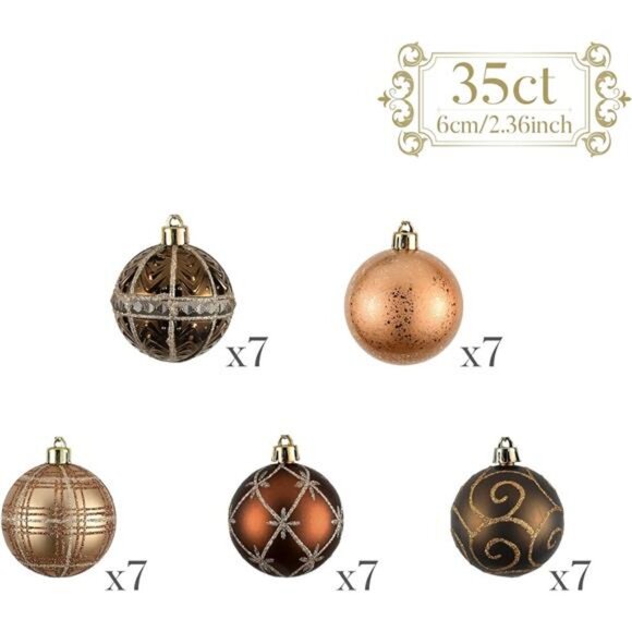 Christmas Ornaments Set, 35ct 2.36 Inches Brown Copper Gold Shatterproof - Picture 3 of 7
